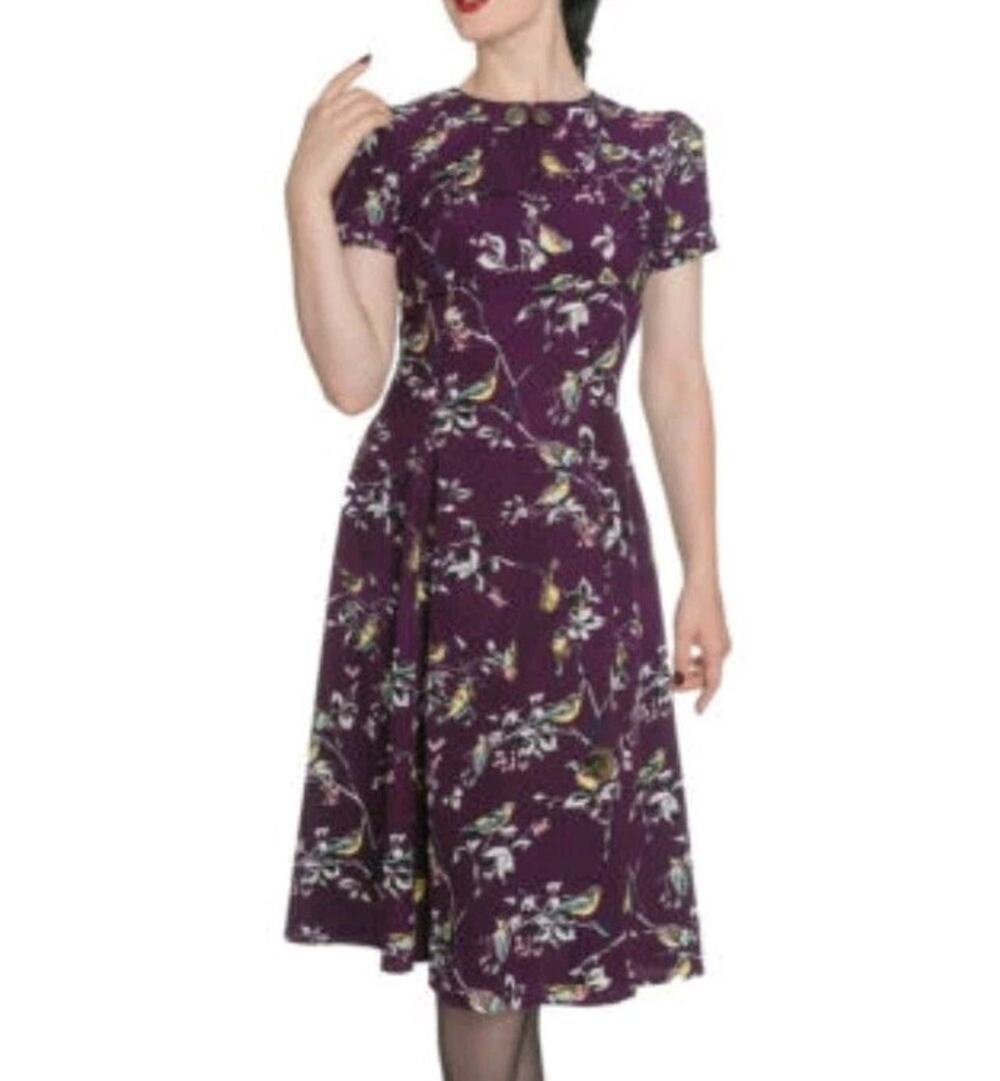 Hell Bunny Vixen Purple Dress XL Retro Pinup Swing Maxine Bird Floral FLAW READ